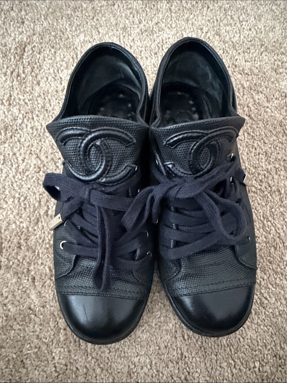 CHANEL Black Quilted Lace-Up Low-Top Sneakers - Picture 1 of 4